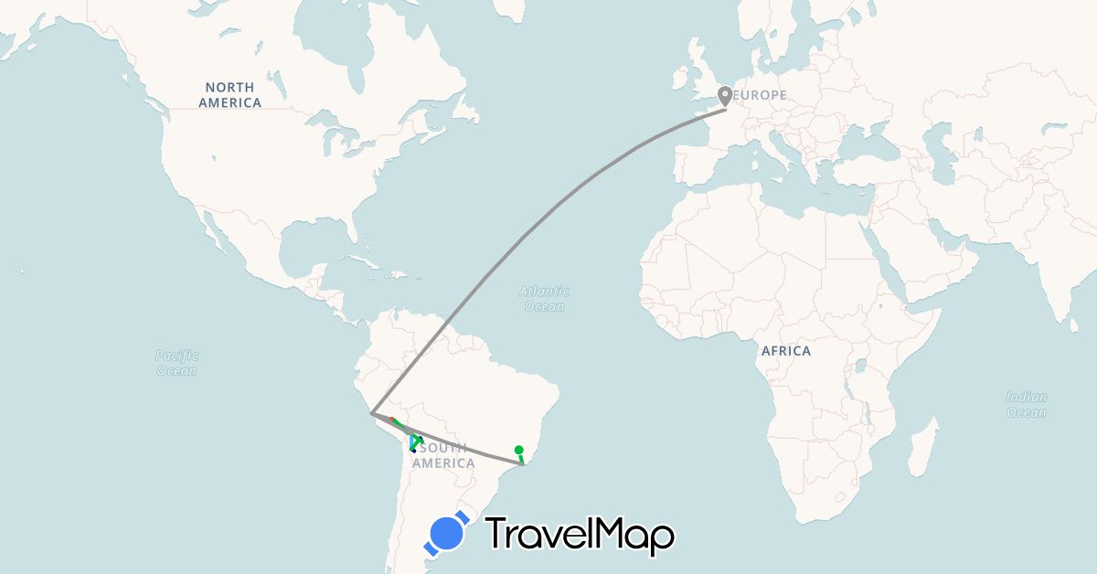 TravelMap itinerary: driving, bus, plane, hiking, boat in Bolivia, Brazil, France, Peru (Europe, South America)